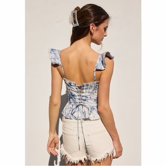 Blue & White Toile Ruffle Shoulder Bustier Top - Picture 3 of 4